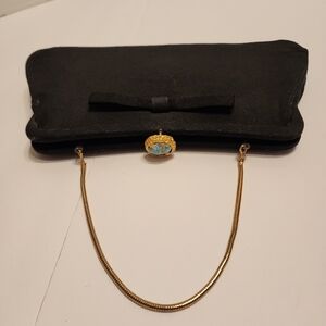 Vintage Black Satin Clutch Gold Chain Handle & Gold Clasp w/turquioselike Stone